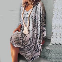 Casual Dresses Women Tie Dye Long Sleeve Dress V Neck Printed Pullover Large Swing Holiday