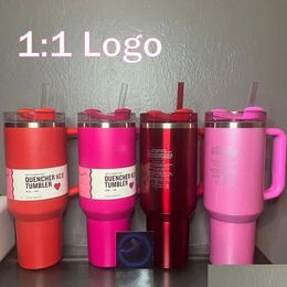 Mugs Us Stock 40Oz Quencher Tumblers Pink Co-Branded Cosmo Black Chroma Flamingo Stainless Steel Valentines Day Gift Cups With Sile Ha Dhx3I