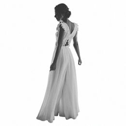 simple Boho V-neck Sexy Open Back Butt Lace Appliques Jumpsuit Wedding Dr Chiff Bridal Gown Short Top vestido de noiva m27C#