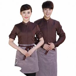 waiter Work Clothing Set Hotel Women and Men Lg Sleeve Shirt+Apr Coffee House Employee Work Wear Free Ship Work Shirt 71uC#