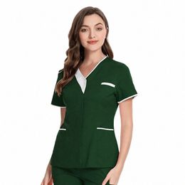 summer Woman Solid Nursing Scrubs Tops T Shirt Working Uniforms Short Sleeve Plus Size Top Women V-neck Pocket Clothes 85k0#