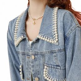 xpqbb Light Blue Denim Jacket for Women New Autumn Pearls Short Turn-Down Collar Denim Coat Female Korean Loose Casual Jackets A0Is#