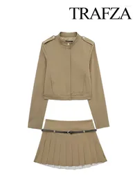 Work Dresses TRAFZA Women Suit Solid O-Neck Long Sleeves Pockets Button Zipper Jackets High Waist Belt Decoration Pleated Skirts