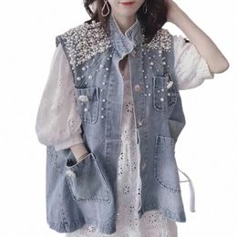xpqbb Luxury Pearls Women Denim Vest 2022 Harajuku Loose Pocket Sleevel Jeans Jacket Woman Summer Fi Cowboy Waistcoat o8z2#