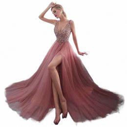 sale Pink Embroidered Sequins Sexy Sleevel Deep V Maxi High Slit Evening Wedding Cami Dres For Women Party Guest Dr g4HN#