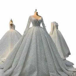 luxury Ball Gown V-Neck Wedding Dres 2024 Arabic Dubai Tulle Pearls Beaded Illusi Lg Sleeves Bride Gowns Vestido De Noiva N93y#