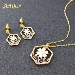 Necklace Earrings Set 1 Sets Enamel Flower Pendant And Earring For Women Girls Fine Cubic Zircon Gold Color Wedding Party Jewelry Gifts