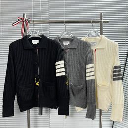 Women's minimalist retro classic four bar sleeve lapel knit cardigan