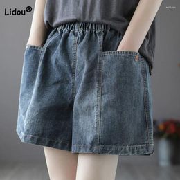 Women's Jeans Summer Thin Style Pantalones De Mujer Elastic High Waist Personalised Street Double Pockets Female Wash Wide Leg Denim Shorts