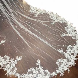 romantic Pearls Wedding Veil with Partial Floral Lace Appliques Bling Sequins Lace Pearls Bridal Veil Wedding Accories 15Yx#