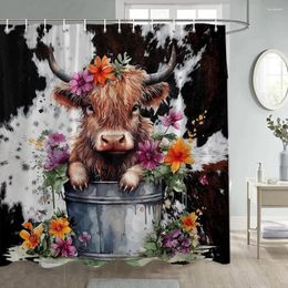 Shower Curtains Funny Highland Cow Curtain Watercolour Flowers Plant Cute Farm Animal Fur Pattern Modern Fabric Bathroom Decor