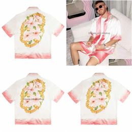 Men'S Casual Shirts Casa Designer Fashion Clothing Tracksuits Dropped Satin Casablanca Style Shirt Pink Flower Loose Fit Mens Womens Dhh6K