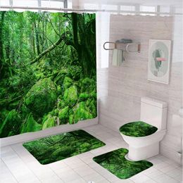 Shower Curtains Green Forest Nature Tree Waterproof Fabric Bathroom Curtain Set Landscapes Home Anti-Slip Rug Toilet Lid Cover Bath Mats