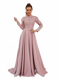 lg Sleeve Muslim Formal Dres Pink Vintage High Neck Luxury Lace Appliques Spandex Satin Evening Dres With Train v6rP#