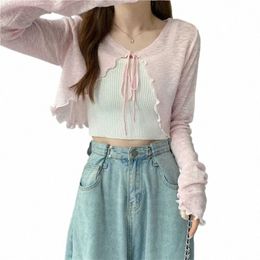 summer Thin Outerwear Sun Protecti Cardigan Ice Silk Knit Women Tops Bow Lace Up Short Suspender Skirt Shawl Airable Shirt I5No#