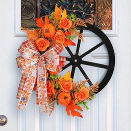 Decorative Flowers 2024 Fall Thanksgiving Wreath Pumpkin Wheel Festival Decorations Home Door Hanging Outdoor Christmas