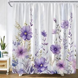 Shower Curtains Purple Floral Curtain Watercolour Flowers Plants Bath Modern Simple Fabric Home Bathroom Decoration With Hooks