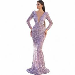 lilac Evening Dres Gowns Mermaid V Neck 2023 Luxury Lg Sleeves Sequins Beading Elegant Sexy For Women Party Custom A3GW#