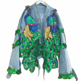 women V-neck 3D Peacock Sequined Embroidery Jean Coat Autumn Animal Beaded Denim Jacket Shiny Streetwear Cardigan Tops Jaqueta n3R1#