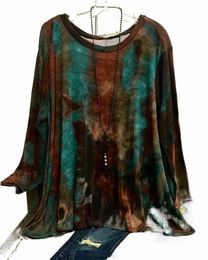 plus Size Women's Casual T-shirt Tie Dye Lg Sleeve Round Neck High Stretch T-shirt 03jW#