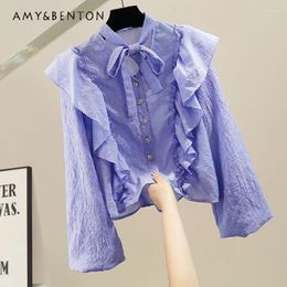 Women's Blouses Commute Style Casual Long-Sleeved Purple Lace Up Lotus Leaf Blouse Women Sweet Graceful Puff Sleeve Loose Slim Camisas De