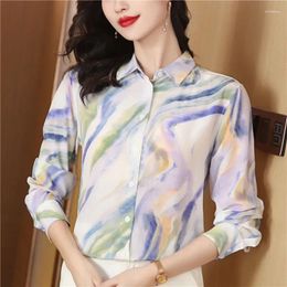 Women's Blouses Fashion Autumn Vintage Women Shirt Long Sleeve Womens Tops Polo-Neck Clothing Ink And Wash Floral Printing