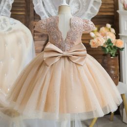 Toddler Girls 1st Birthday Party Dresses Cute Bow Kids Princess Lace Tulle Short Dress Flower for Wedding 15 Year 240318