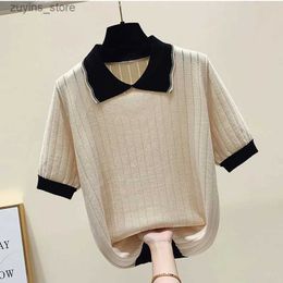 Women's T-Shirt College style Pullover Polo T-shirt Women Loose leisure lapel Short sleeves Knitted Sweaters Female Jumper womens clothing24329