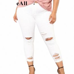 plus Size Ripped Holes White Skinny Capris Jeans Women 4XL 5XL Fall Distred Slim Casual Jeans Pencil Denim Pants Mom Jean L6zr#