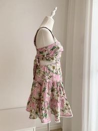 Casual Dresses Women Linen Pink Daisy Flower Print Waist Hollow Out Sleeveless Sling Mini Dress