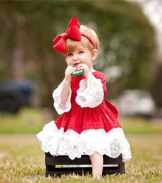 Long Sleeve Red Lace Dress Baby Girl Princess Dress Kids Christmas Party Lace Dress With Headband Outfit Chidlren Xmas Clothes2709035