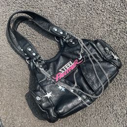 Vintage Women Y2k Shoulder Bag Large Capacity Multi Pockets Chains Tote Bag Pu Laether Female Punk Moto Style Grunge Handbag 240322