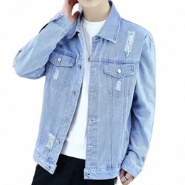 men's Denim Jacket with Hole Light Male Jean Coats Ripped Autumn Large Size Board Korea Big Cheap Price Stylish Free Ship 93Tk#