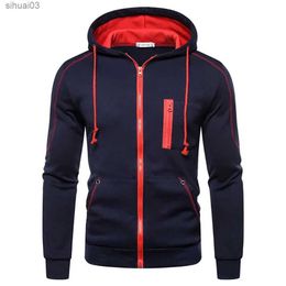 Mens Hoodies Sweatshirts Spring and autumn mens zippered jacket with wool color matching casual hoodie drawstring zipper pocket sweater mens sportswear jacketL24