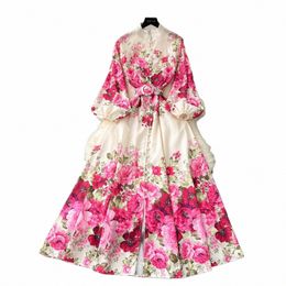 elegant Gorgeous Floral Bohemian Dr Spring Women Stand Lg Lantern Sleeve Floral Print Belt Linen Lg Vestidos Clothes 6235 78eb#