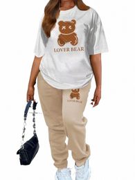 lw Plus Size Two Piece Lover Bear Skull Head Letter Print Pants Set Pullover Short Sleeve Tee&Sporty Trousers 2PC Activewears A6FQ#