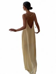 byemylove Elegant Solid Loose Silk Backl Maxi Dr Women Sleevel Loose Hem Strap Fi Beach Lg Dr Party Vestidos J9M6#