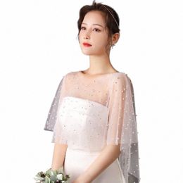 x7yc Women Sheer Tulle Pleated Wedding Shawl Rhineste Pearl Beads White Capelet Bolero Vintage High Low Shrug Wrap Cover Up 18Zr#