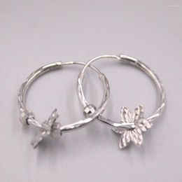 Hoop Earrings Real Solid 925 Sterling Silver Women Lucky Carved Laser Beads Flower Thin Slice