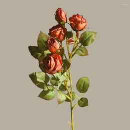Decorative Flowers Retro Burnt Edge Rose Realistic Artificial Flower Branch With Green Leaves Reusable Home Wedding For Events
