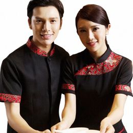 chinese Restaurant Hotel Staff Uniforms New Fi Black Hotel Waitr Shirt+Apr Catering Waiter Work Clothing Wholesales m15U#