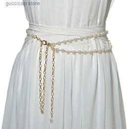 Waist Chain Belts Fashionable and elegant womens imitation pearl belt alloy chain belt white imitation pearl chain womens clothing accessories Y240329