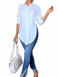 casual Simple Mid Length Lg Sleeve Women Autumn Blouses Fi Shirt Elegant Asymmetrical Tops Tunic Solid Elegant Shirt M4Om#