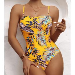 Wear Sexy Yellow Print OnePiece Swimsuit Women Closed Swimwear New Push Up Swimming Wear Bodysuit Bathing Suit Beachwear Pool Bather