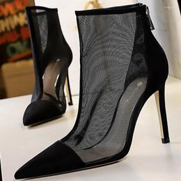 Dress Shoes Women Summer Mesh Sandals Boots 9.5cm High Heels Hollow Stripper Fetish Sexy Ankle Thin Nightclub Black