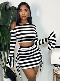 Work Dresses Cnyishe Fashion Striped Sets Women Outfits Streetwear Skew Collar Long Sleeves Tracksuits Two Pieces (Top Short) Suits Female