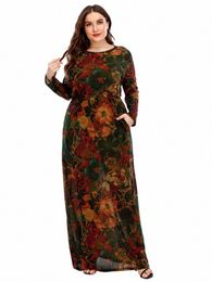 gibsie Retro Floral Print Abaya Muslim Dr Women Plus Size O-Neck Lg Sleeve Autumn Winter Maxi Dr Turkish Women Clothing P7bV#