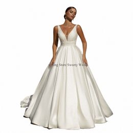 2023 Luxury Beading Satin Wedding Dres Sexy V Neck Sleevel Sequin Sweep Train Ball Gown Corset Bridal Robe Mariage 01EC#