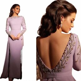 lilac Evening Dres Beads Crystal Backl Lg Sleeves Prom Dres Removable Train Mermaid Gorgeous Saudi Arabia Party Gown u5Ps#