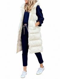 Cappotto da donna Lg Gilet con cappuccio Autunno Inverno Sleevel Caldo Cott Giù Cappotto Gilet Trapuntato Gilet Piumino Outwear 5XL x3Zr #